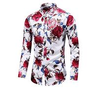 Oanviso Chemise à Fleurs Homme Manches Longues Coloré Imprimée Chemise Encolure à Revers Décontractées Boutonné Chemise Classique Shirt de Plage Mode Respirable Hawaïenne Party Tee Shirt A01 L