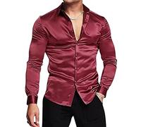 Oanviso Chemise Décontractée pour Homme Chemise à Manches Longues Parti Chemise en Satin Élégant Mode Chemise Luxe Chemise Printemps Été Slim Fit Shirts Classique Chemisette Homme A Rouge XS