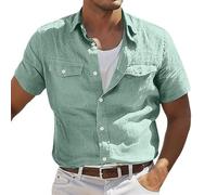 Oanviso Chemise en Lin Été Tee Shirt Hauts Manches Courtes Tops de Bain Plage Hawaïenne Respirant Couleur Unie T-Shirt Léger Vintage Chemises Oversized A Vert XXL
