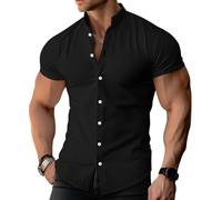 Oanviso Chemise Homme à Col Montant Chemises Coton et Lin Manches Courtes Chemise avec Bouton été Chemise d'affaires Henley Chemise Décontractée Coupe Slim Chemise en Lin A Noir L