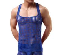 Oanviso Débardeur Homme Sexy Transparent Tank Top Filets de Pêche Maillot de Corps Sport Fitness Crop Top Muscleshirts sans Manches Gilet Slim Fit Mode Débardeur Grille Stripes Tops G Bleu Foncé S
