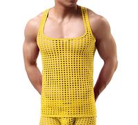 Oanviso Débardeur Homme Sexy Transparent Tank Top Filets de Pêche Maillot de Corps Sport Fitness Crop Top Muscleshirts sans Manches Gilet Slim Fit Mode Débardeur Grille Stripes Tops G Jaune M