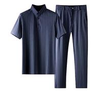 Oanviso Ensemble de Loisirs Homme Business Ensemble 2 Pièces Soie de Glace Polo Manches Courtes et Pantalon Sets Stripes Ensemble Été Luxe Costume Décontracté Mode Survêtement Jogging A Bleu M