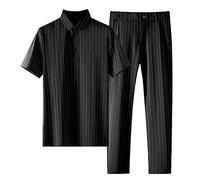 Oanviso Ensemble de Loisirs Homme Business Ensemble 2 Pièces Soie de Glace Polo Manches Courtes et Pantalon Sets Stripes Ensemble Été Luxe Costume Décontracté Mode Survêtement Jogging A Noir XXL