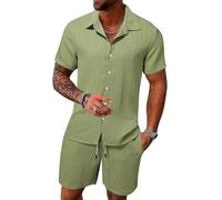 Oanviso Ensemble Homme Ete Leger Chemise et Short Costume Décontracté 2 Pièces Detente Confort Maison Tenue de Plage Outfit Vetement Sport Jogging Survetement Vert Clair XL