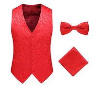 Oanviso Homme Classique Paisley Floral Jacquard Gilet Couleur Unie Gilet Cravate/Nœud Papillon+Carre Mouchoir+Costume Gilet 3Pc Ensemble Réunion D'affaires Travail Mariage Gilet B Rouge S