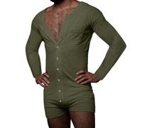 Oanviso Homme Combinaison Pyjama Overall Jumpsuit Grenouillères Onesie Henley à Manches Longues Confortable Ensemble de Pyjama à Bouton Une Pièce Ramper D Vert M