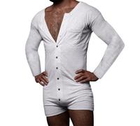 Oanviso Homme Combinaison Pyjama Overall Jumpsuit Grenouillères Onesie Henley à Manches Longues Confortable Ensemble de Pyjama à Bouton Une Pièce Ramper D Blanc L