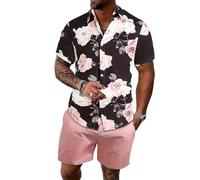 Oanviso Homme Ensemble Chemise et Short Hawaïenne Tee Shirt Manches Courtes Short de Bain Plage Fleur Slim Fit Chemise Grande Taille Eté pour Vacance Loisir 2 Pièce Sets