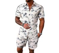 Oanviso Homme Ensemble Chemise et Short Hawaïenne Tee Shirt Manches Courtes Short de Bain Plage Fleur Slim Fit Chemise Grande Taille Eté pour Vacance Loisir 2 Pièce Sets