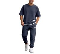 Oanviso Homme Ensemble Chemises Business Hauts à Manches Courtes 2 Pièce Pyjama Survêtement Jogging Pantalons Été A Marine XXL