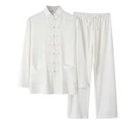 Oanviso Homme Ensemble de Loisirs Chemise et Pantalon Retro 2 Pièces Set Décontracté Survêtement Jacquard Manches Longues Ensemble Coton Ensemble Plage Costume Jogging Kungfu Tai Chi A Blanc L