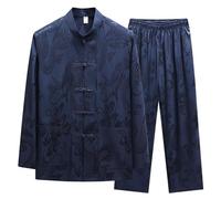 Oanviso Homme Ensemble de Loisirs Chemise et Pantalon Retro 2 Pièces Set Décontracté Survêtement Jacquard Manches Longues Ensemble Coton Ensemble Plage Costume Jogging Kungfu Tai Chi B Bleu Foncé S