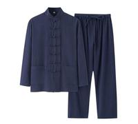 Oanviso Homme Ensemble de Loisirs Chemise et Pantalon Retro 2 Pièces Set Décontracté Survêtement Jacquard Manches Longues Ensemble Coton Ensemble Plage Costume Jogging Kungfu Tai Chi A Bleu L
