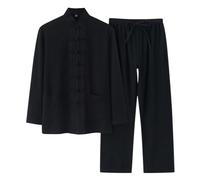 Oanviso Homme Ensemble de Loisirs Chemise et Pantalon Retro 2 Pièces Set Décontracté Survêtement Jacquard Manches Longues Ensemble Coton Ensemble Plage Costume Jogging Kungfu Tai Chi A Noir L