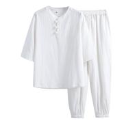 Oanviso Homme Ensemble de Loisirs Col en V Shirt et Pantalon Été 2 Pièces Set Décontracté Survêtement Manches Courtes/Longues Ensemble Léger Coton Lin Ensemble Plage Costume Jogging D Blanc XL