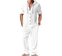 Oanviso Homme Ensemble en Lin 2 Pièce Casual Chemises T-Shirt à Capuche Hoodie à Manches Courtes Pantalons Mode Survêtement Été Haut Blouse et Pantalon Oversized A Blanc XL