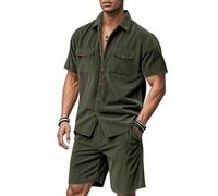 Oanviso Homme Ensemble Short Casual Cargo Chemises Tee Shirt à Manches Courtes et Shorts Mode 2 Pièce Chemise de Travail Boutonnée Survêtement Été Oversized A Armée Verte XXL