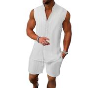 Oanviso Homme Été Chemises Hawaïenne Ensemble de Pyjama Doux a sans Manches Mode Couleur Unie Tank Top Débardeurs Légers Sportswear Shorts Élastique Oversized A Blanc M
