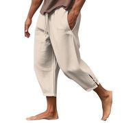 Oanviso Homme Pantalon en Lin 3/4 Pantacourt Pantalon Été Décontracté Taille Élastiquée Bermuda Short De Plage avec Poches Mode Pantalon Court Outdoor B Kaki L