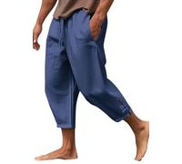 Oanviso Homme Pantalon en Lin 3/4 Pantacourt Pantalon Été Décontracté Taille Élastiquée Bermuda Short De Plage avec Poches Mode Pantalon Court Outdoor B Bleu L