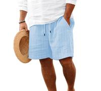 Oanviso Homme Shorts en Lin Été Hawaienne Ample Short Élastique Garçon Rayé Short de Plage Mode Léger Bermuda Short Jambes Vintage Pantalons Courts Pas Cher A Bleu Clair XL