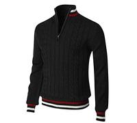 Oanviso Homme Tricoté Pull Col Zippé Col Droit à Manches Longues Sweater Super Soft Extensible Pull avec Demi-Fermeture Eclair Rayures Collier et Ourlet Hiver Chaud Tricot Pullover A Noir XXL