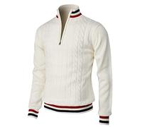 Oanviso Homme Tricoté Pull Col Zippé Col Droit à Manches Longues Sweater Super Soft Extensible Pull avec Demi-Fermeture Eclair Rayures Collier et Ourlet Hiver Chaud Tricot Pullover A Blanc L