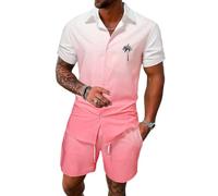 Oanviso Hommes Ensemble Chemise à Manches Courtes et Short Slim Fit Grande Taille Hawaiian Shirt Fleurs Casual Ete Aloha Imprimé Short De Plage Respirable B Rose 3XL