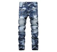 Oanviso Jean de Droit Plissé pour Homme Slim Stretch Pantalon en Denim Décontracté Poche Jeans avec Fermeture Éclair Boutonnée Déchiré Jeans Punk Hip Hop Jeans Mode Confortable Jeans I Bleu S