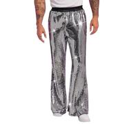 Oanviso Pantalon À Paillettes Homme Pantalon Habillé Taille Haute Sequin Brillant Pantalon De Tailleur Patte D Elephant Paillette Evase Disco Club Party Clubwear Fête A Argent XL
