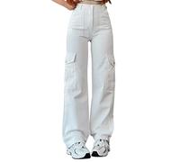 Oanviso Pantalon Cargo Femme Taille Basse Jeans Droit Hip Hop Vintage Pantalon de Large Été Boyfriend Denim Décontracté Confort Streetwear Jeans Multipoches A Blanc S