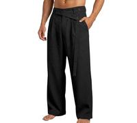 Oanviso Pantalon en Lin Hommes Mode Pantalons Boutons Casual Stretch Pants Léger Élastique Respirable Business Droits Pant De Fitness A Noir M