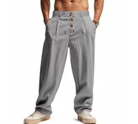 Oanviso Pantalon en Lin pour Hommes Pantalons avec Cordon de Serrage Boutons Slim Fit Pant Vacances Casual Respirable Pants Léger Élastique Oversized B Gris S