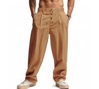 Oanviso Pantalon en Lin pour Hommes Pantalons avec Cordon de Serrage Boutons Slim Fit Pant Vacances Casual Respirable Pants Léger Élastique Oversized B Jaune Foncé L