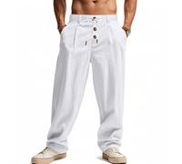 Oanviso Pantalon en Lin pour Hommes Pantalons avec Cordon de Serrage Boutons Slim Fit Pant Vacances Casual Respirable Pants Léger Élastique Oversized B Blanc S