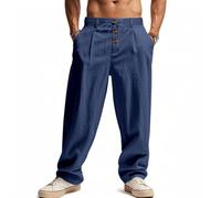 Oanviso Pantalon en Lin pour Hommes Pantalons avec Cordon de Serrage Boutons Slim Fit Pant Vacances Casual Respirable Pants Léger Élastique Oversized B Marine XXL