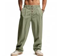 Oanviso Pantalon en Lin pour Hommes Pantalons avec Cordon de Serrage Boutons Slim Fit Pant Vacances Casual Respirable Pants Léger Élastique Oversized B Armée Verte XXL