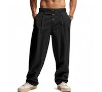 Oanviso Pantalon en Lin pour Hommes Pantalons avec Cordon de Serrage Boutons Slim Fit Pant Vacances Casual Respirable Pants Léger Élastique Oversized B Noir XXL