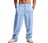 Oanviso Pantalon en Lin pour Hommes Pantalons avec Cordon de Serrage Boutons Slim Fit Pant Vacances Casual Respirable Pants Léger Élastique Oversized B Bleu Clair L