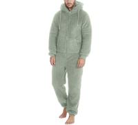 Oanviso Pyjama Une Pièce en Peluche pour Homme Doux Comfortable Couleur Unie Pyjama à Capuche Combinaison de Nuit avec Fermeture Éclair et Poche Chaud Pyjama pour la Maison B Vert Clair XS