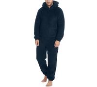 Oanviso Pyjama Une Pièce en Peluche pour Homme Doux Comfortable Couleur Unie Pyjama à Capuche Combinaison de Nuit avec Fermeture Éclair et Poche Chaud Pyjama pour la Maison A Bleu Marine XS