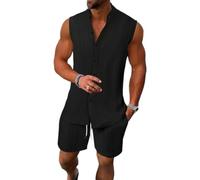 Oanviso Survêtement 2 Pièces Été pour Homme Lâche T-Shirt Tank Top Decontracte Hauts Shorts de Sport Fitness Musculation Casual Vacances Ensembles Jogging A Noir L