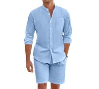 Oanviso Survêtement Homme Ensemble Lin 2 Pièces Jogging Chemise Lin Avec Boutons Et Short Été Ensembles Chic Décontracté Sportswear Vancance Été