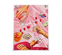 OAOPIC Vintage Pink Poker Playing Cards Posters for Room Decor Aesthetic Retro Funny Casino Gambling Dice Chips Canvas Wall Art Cool Funky Cocktail Alcohol Drinks Prints Paintings 12x16in Unframed
