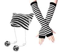 OAOSDH 1 Morceau De Chapeau Tricoté À Oreilles De Chat, 1 Paire De S Rayés Noirs Et Blancs, Chapeau Tricoté À Rayures En Noir Et Blanc, Chapeau Chaud Mignon, Chapeau Rayé Personnalisé