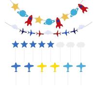 OAOSDH 2 Morceaux De Drapeau De Nuage d'avion Et 1 Ensemble D'Inserts De Cartes Nuages d'avion, Décorations De Fête pour Enfants, Fournitures De Fête sur Le Thème De L'Aviation.