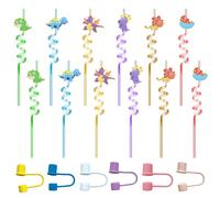 OAOSDH Paille De Dinosaure en 12 Pièces Et Couverture De Paille en Silicone en 6 Pièces, Paille Créative Mignonne, Paille Réutilisable, Paille pour Enfants.
