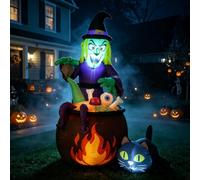 OasisTrim Décorations gonflables d'Halloween de 1,8 m, sorcière brassant une soupe de pieuvre avec chat noir allongé à côté, lampe LED et flamme intégrées et boîte à musique pour pelouse, jardin
