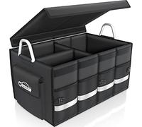 Oasser Rangement Coffre de Voiture Organisateur Coffre Voiture 65L en 1680D Support 50KG Etanche Multi-compartiments Pliable avec Couvercle Pliable et Bande Réfléchissante pour SUV Camion